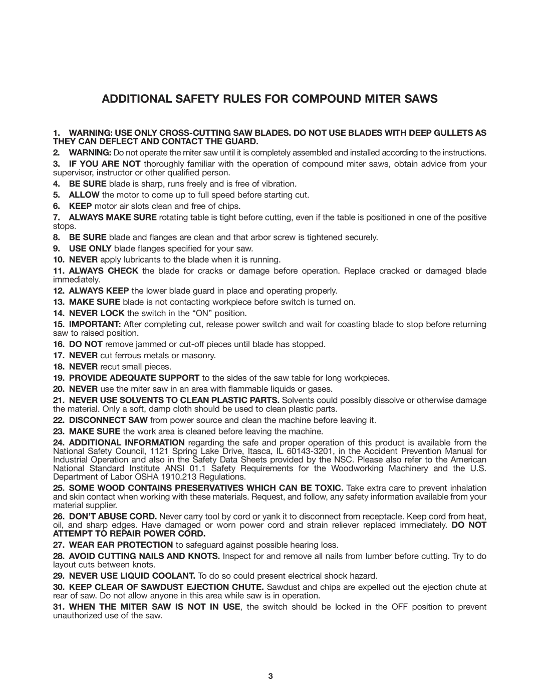 DeWalt 36-255 instruction manual Additional Safety Rules for Compound Miter Saws, Attempt to Repair Power Cord 