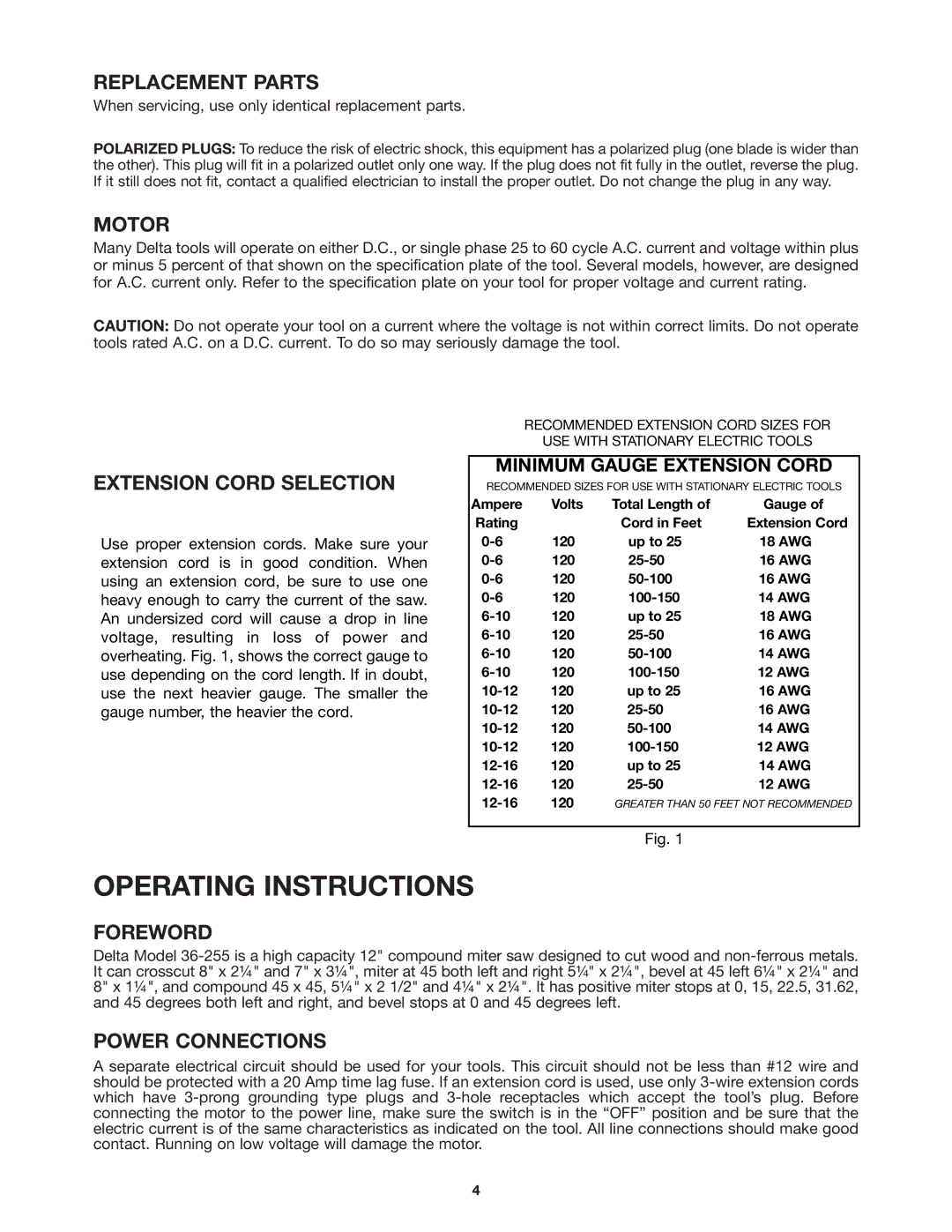 DeWalt 36-255 instruction manual Replacement Parts, Motor, Extension Cord Selection, Foreword, Power Connections 