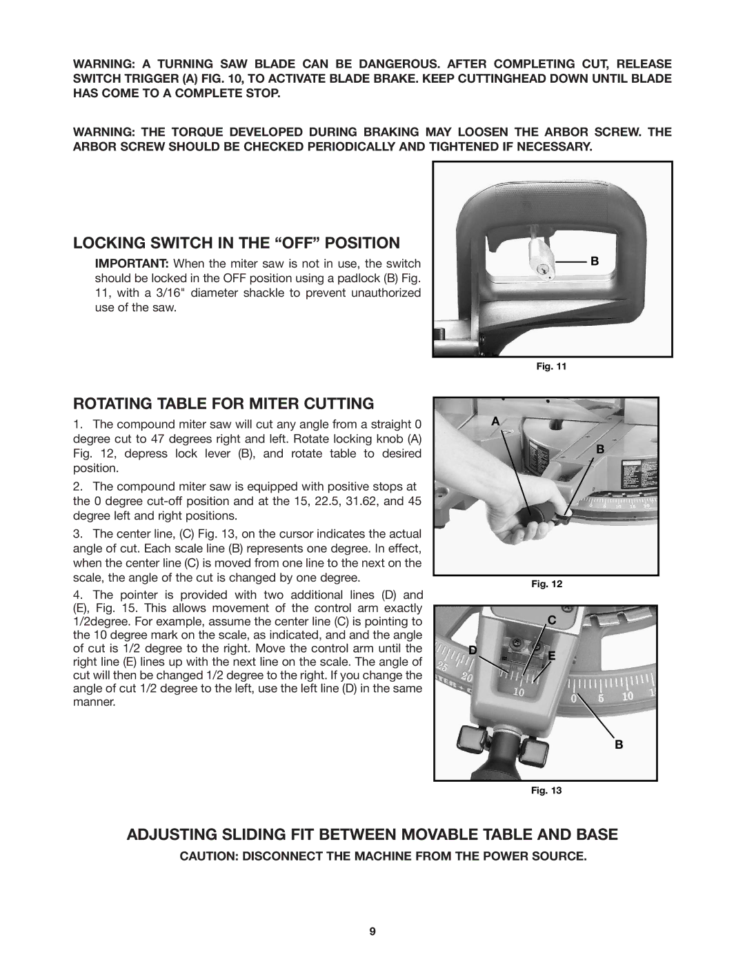 DeWalt 36-255 instruction manual Locking Switch in the OFF Position, Rotating Table for Miter Cutting 