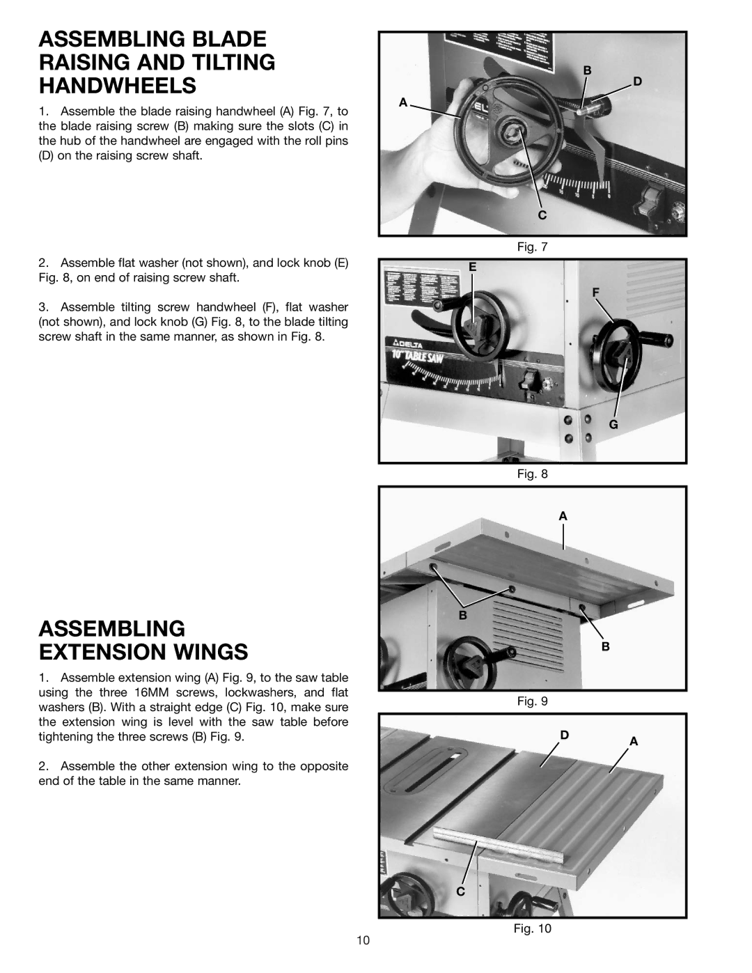 DeWalt 36-600 instruction manual Assembling Blade Raising and Tilting Handwheels, Assembling Extension Wings 