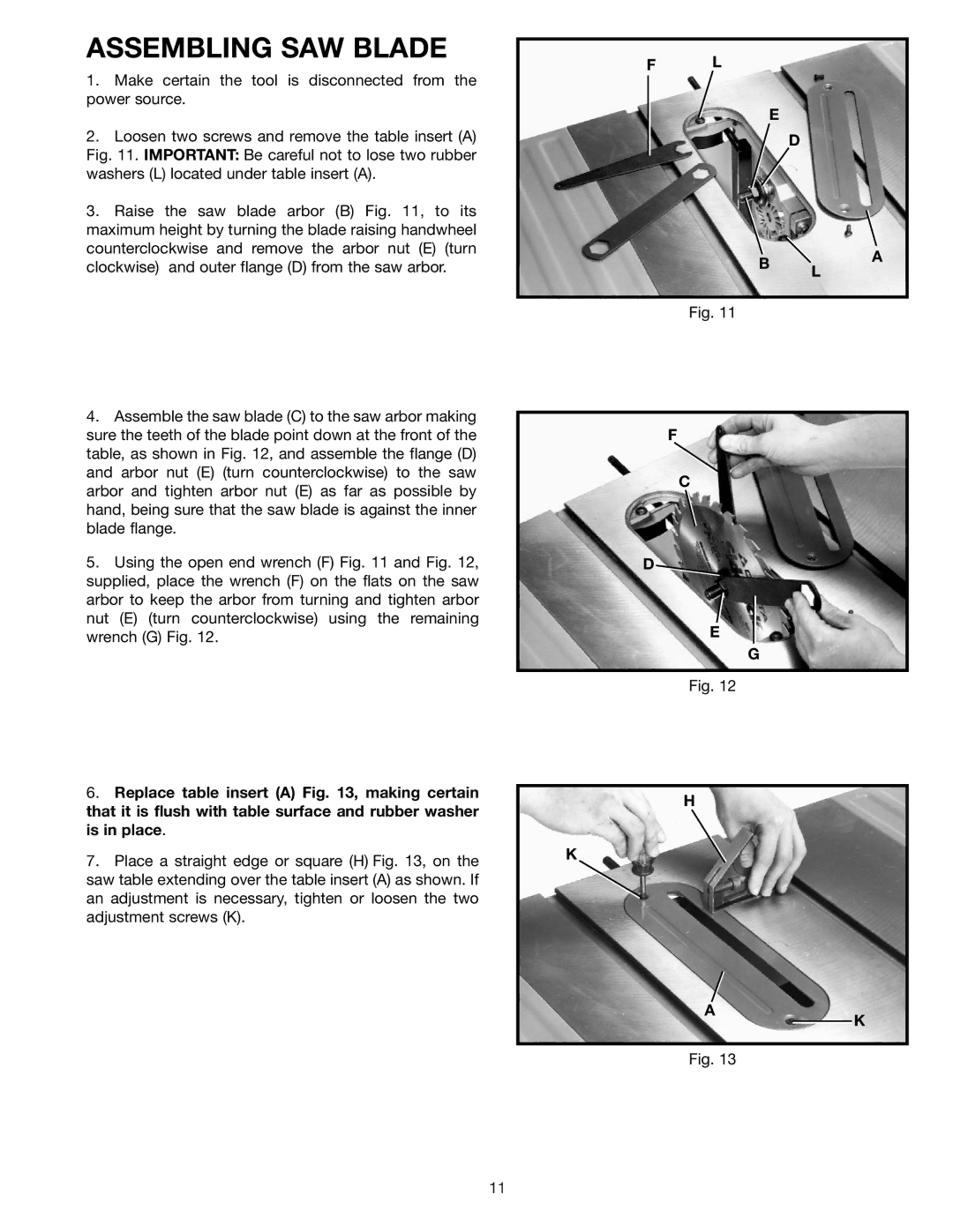 DeWalt 36-600 instruction manual Assembling SAW Blade 