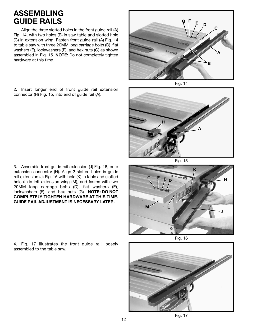 DeWalt 36-600 instruction manual Assembling Guide Rails, E D 