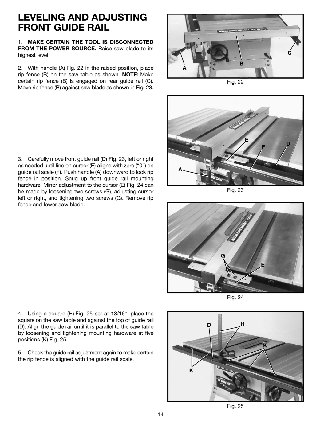 DeWalt 36-600 instruction manual Leveling and Adjusting Front Guide Rail 