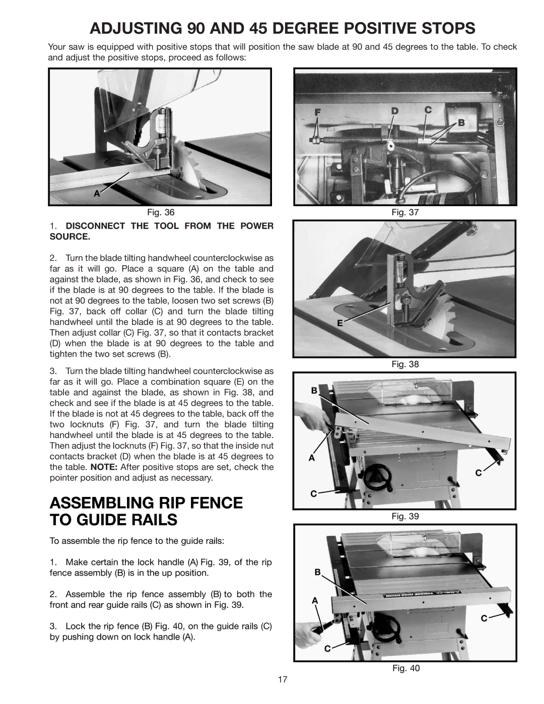 DeWalt 36-600 instruction manual Adjusting 90 and 45 Degree Positive Stops, Assembling RIP Fence to Guide Rails 