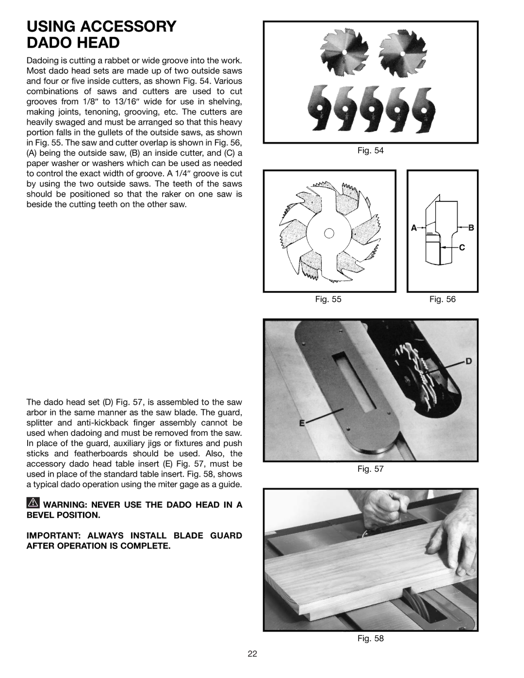 DeWalt 36-600 instruction manual Using Accessory Dado Head 