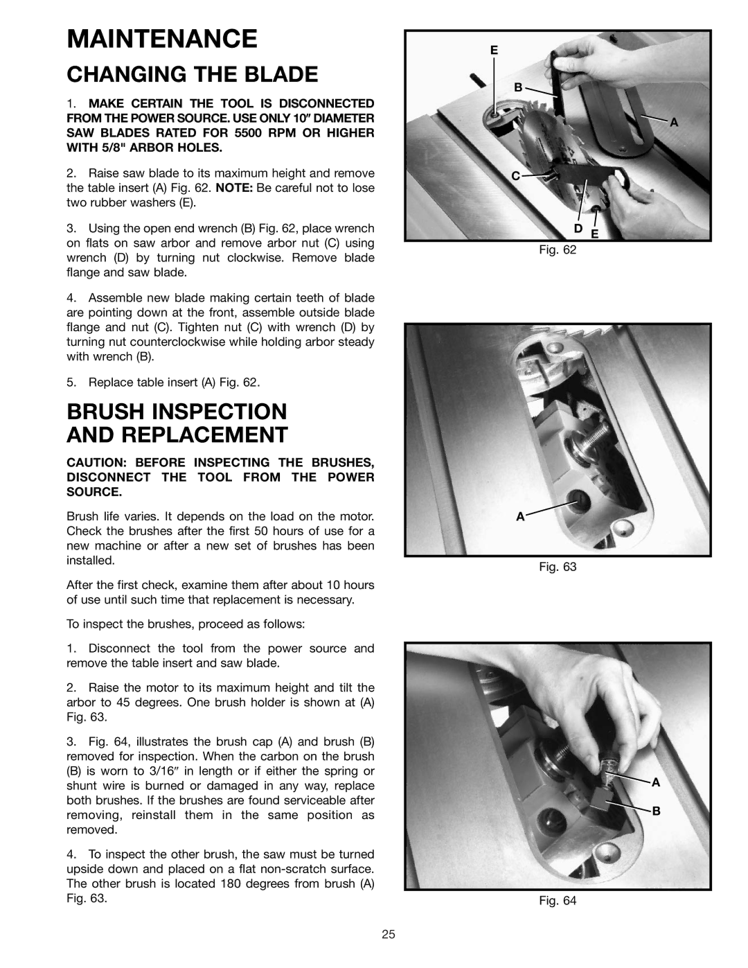 DeWalt 36-600 instruction manual Changing the Blade, Brush Inspection Replacement 