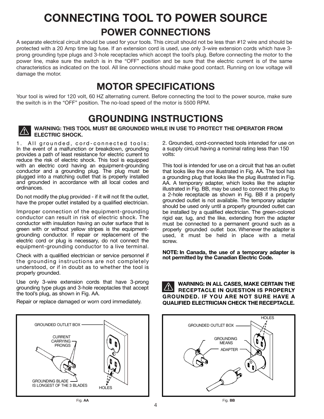 DeWalt 36-600 Connecting Tool to Power Source, Power Connections, Motor Specifications, Grounding Instructions 