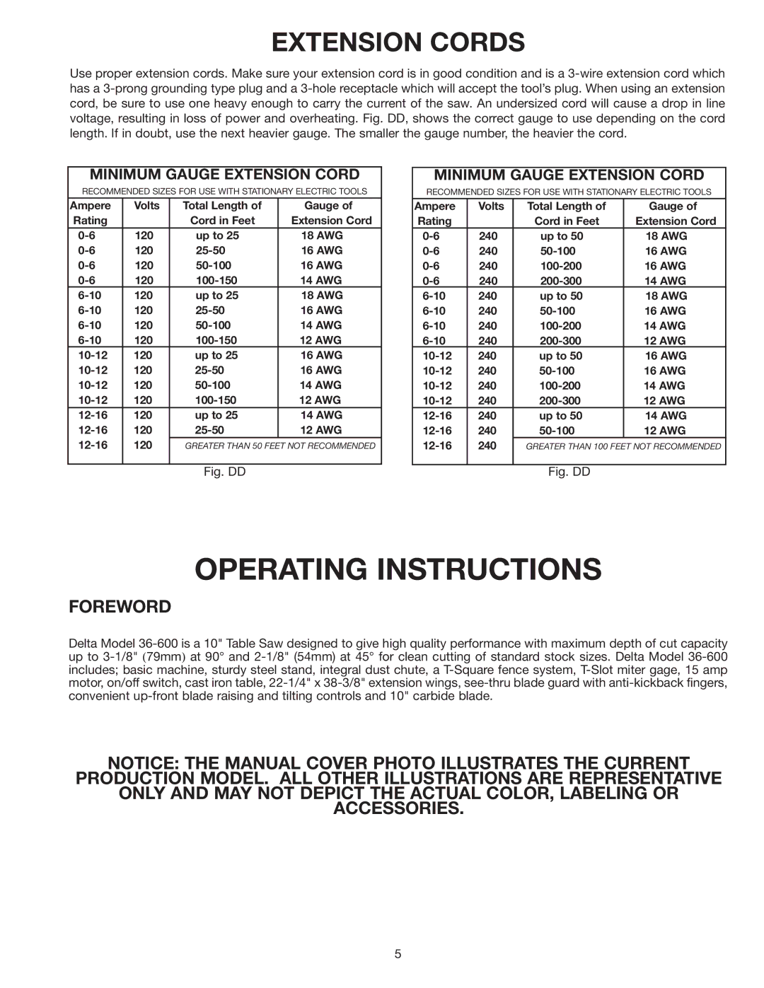 DeWalt 36-600 instruction manual Extension Cords, Minimum Gauge Extension Cord 