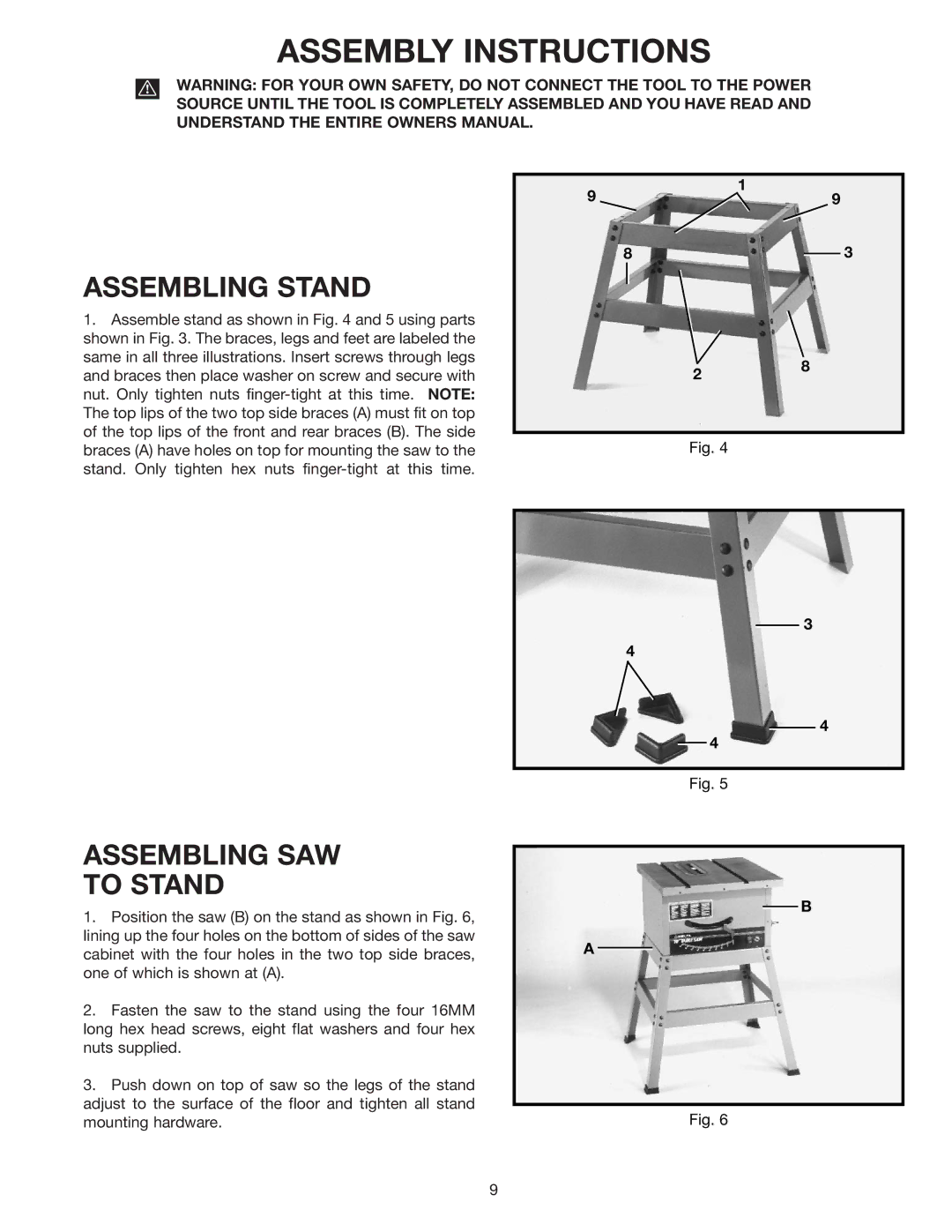 DeWalt 36-600 instruction manual Assembly Instructions, Assembling Stand, Assembling SAW To Stand 