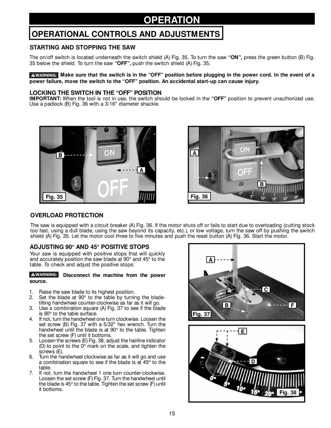 DeWalt 36-714 Operation, Starting and Stopping the SAW, Locking the Switch in the OFF Position, Overload Protection 