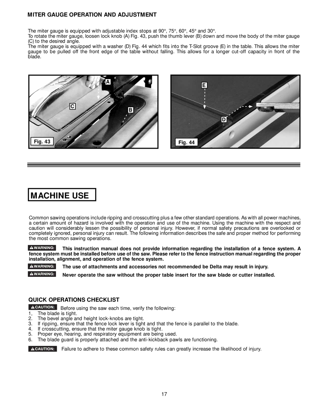 DeWalt 36-714 instruction manual Miter Gauge Operation and Adjustment, Quick Operations Checklist 