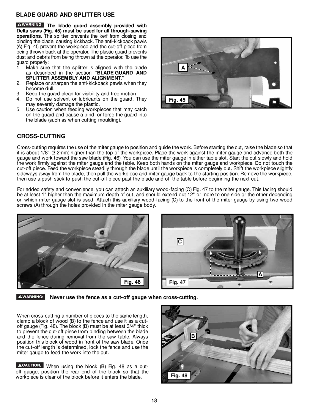 DeWalt 36-714 instruction manual Blade Guard and Splitter USE, Cross-Cutting, Splitter Assembly and Alignment 