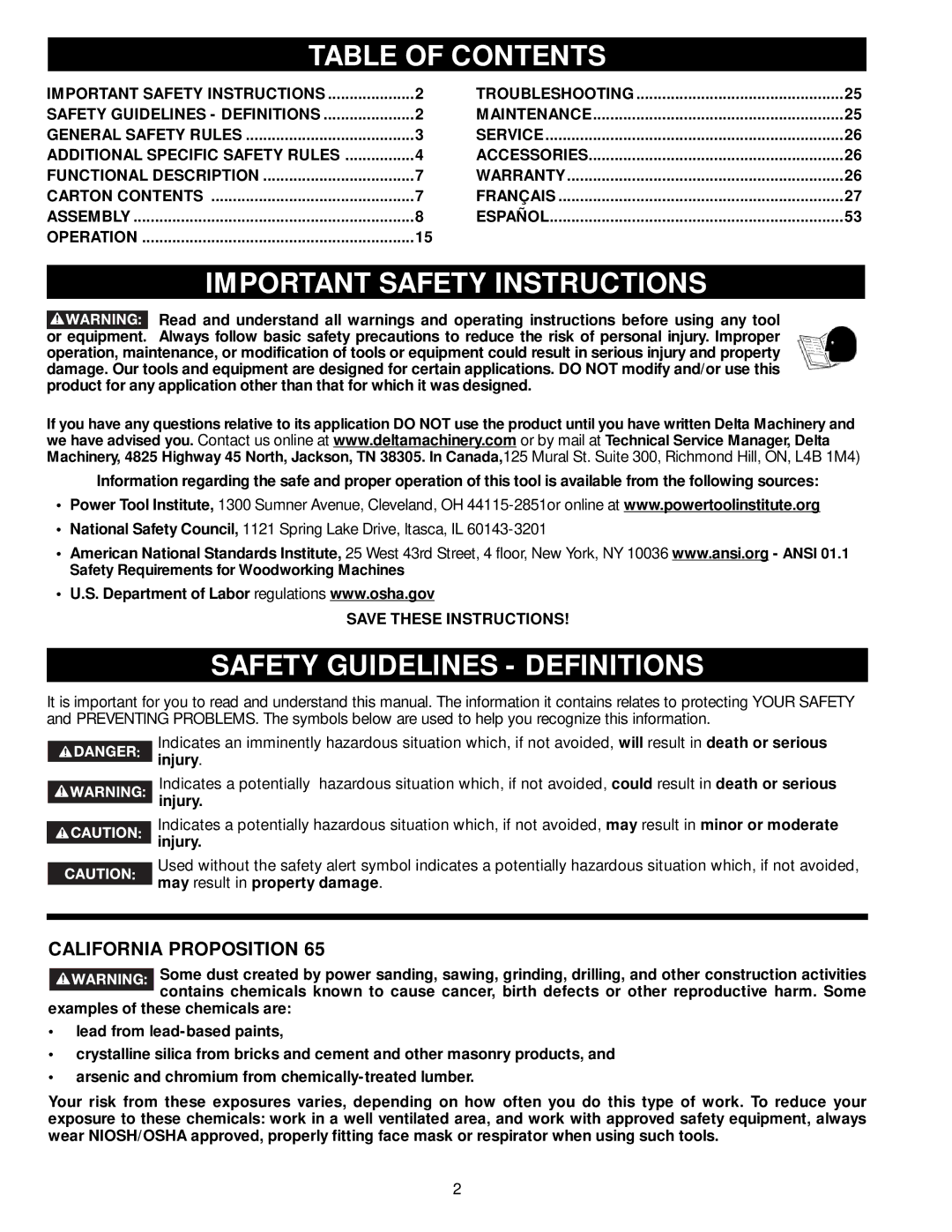 DeWalt 36-714 instruction manual Table of Contents, Important Safety Instructions, Safety Guidelines Definitions 