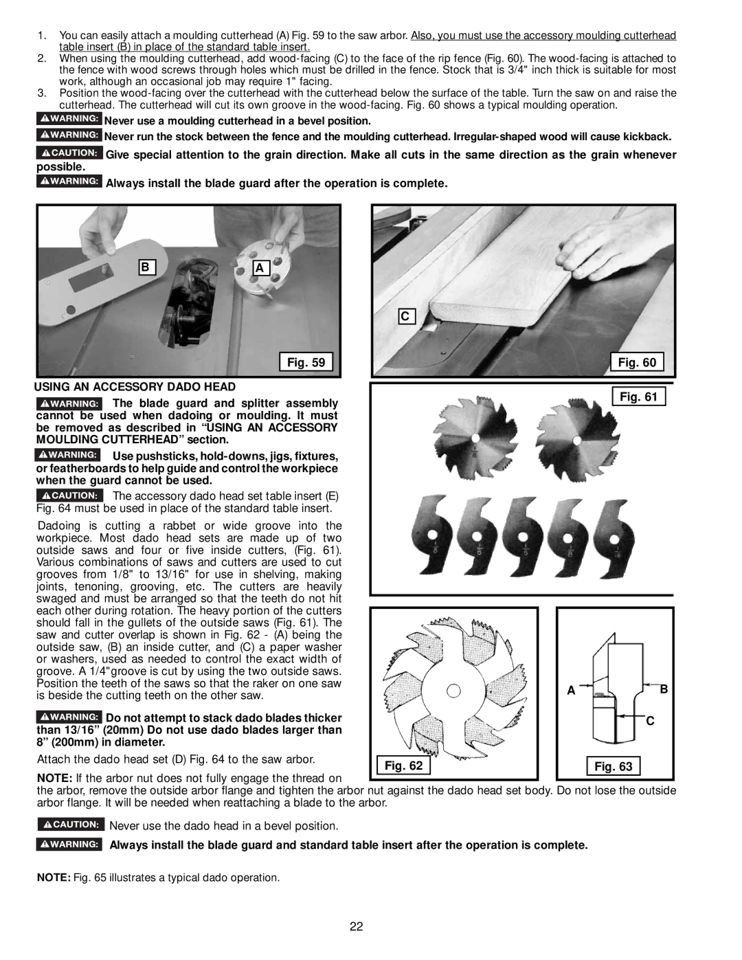 DeWalt 36-714 instruction manual Using AN Accessory Dado Head, Must 