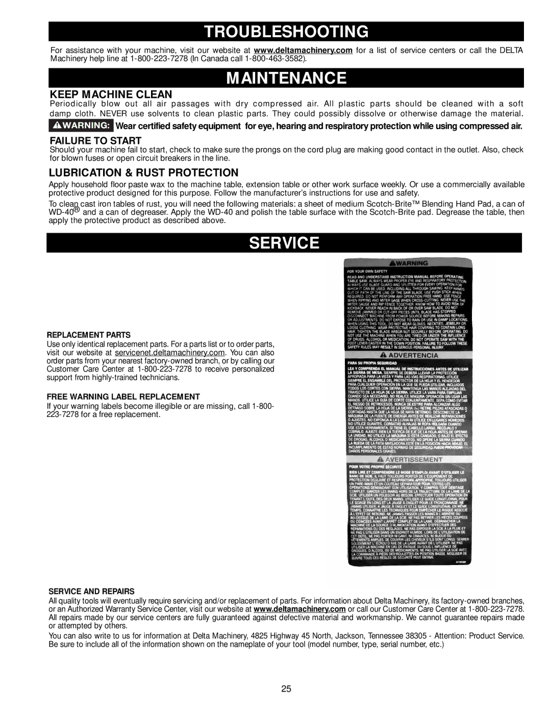 DeWalt 36-714 Troubleshooting Maintenance, Service, Keep Machine Clean, Lubrication & Rust Protection, Failure to Start 