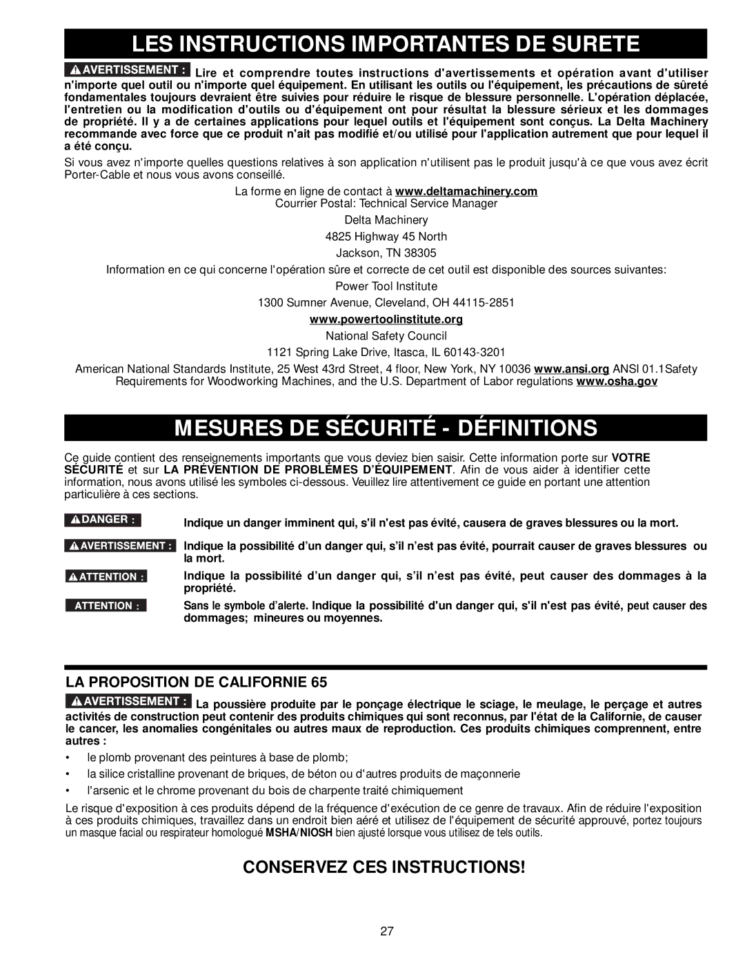 DeWalt 36-714 LES Instructions Importantes DE Surete, Mesures DE Sécurité Définitions, LA Proposition DE Californie 