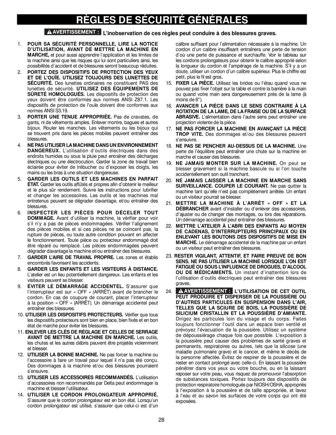 DeWalt 36-714 instruction manual Règles DE Sécurité Générales, Lutilisation DE CET Outil 