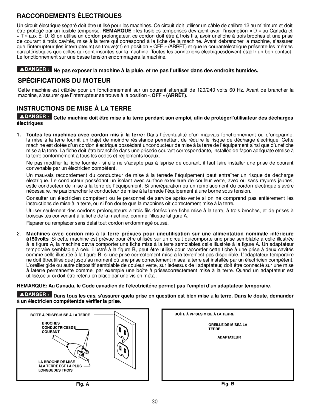 DeWalt 36-714 instruction manual Raccordements Électriques, Spécifications DU Moteur, Instructions DE Mise À LA Terre 