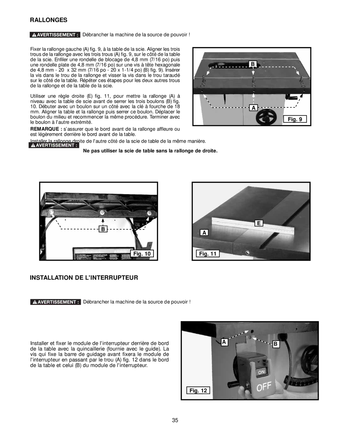 DeWalt 36-714 instruction manual Rallonges, Installation DE Linterrupteur 