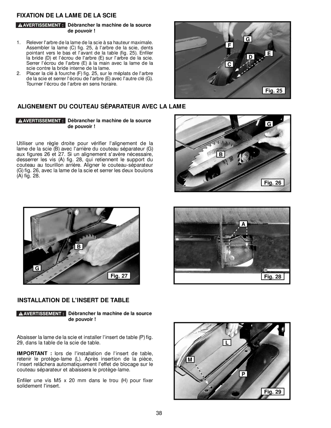 DeWalt 36-714 instruction manual Fixation DE LA Lame DE LA Scie, Alignement DU Couteau Séparateur Avec LA Lame 