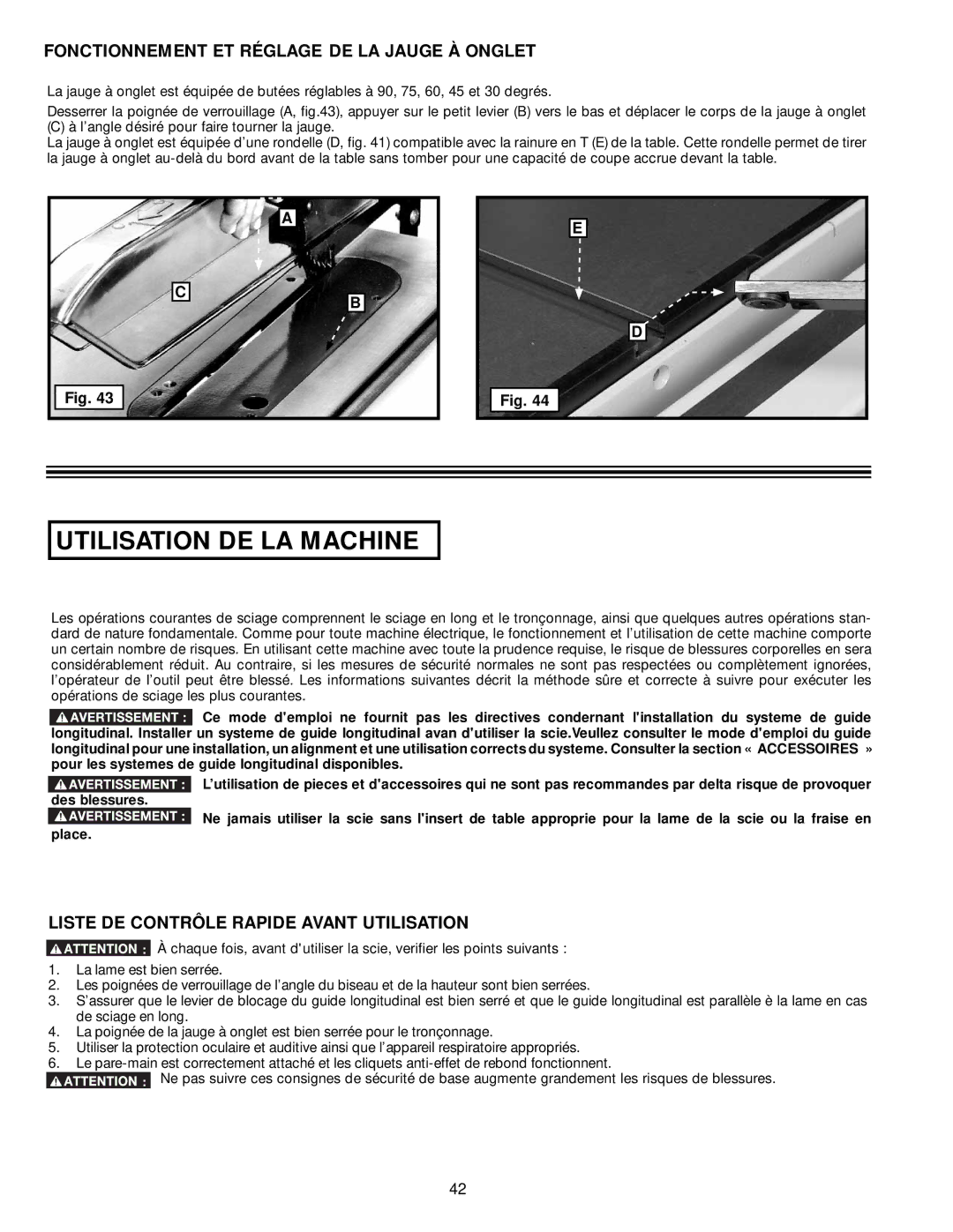 DeWalt 36-714 instruction manual Fonctionnement ET Réglage DE LA Jauge À Onglet, Liste DE Contrôle Rapide Avant Utilisation 