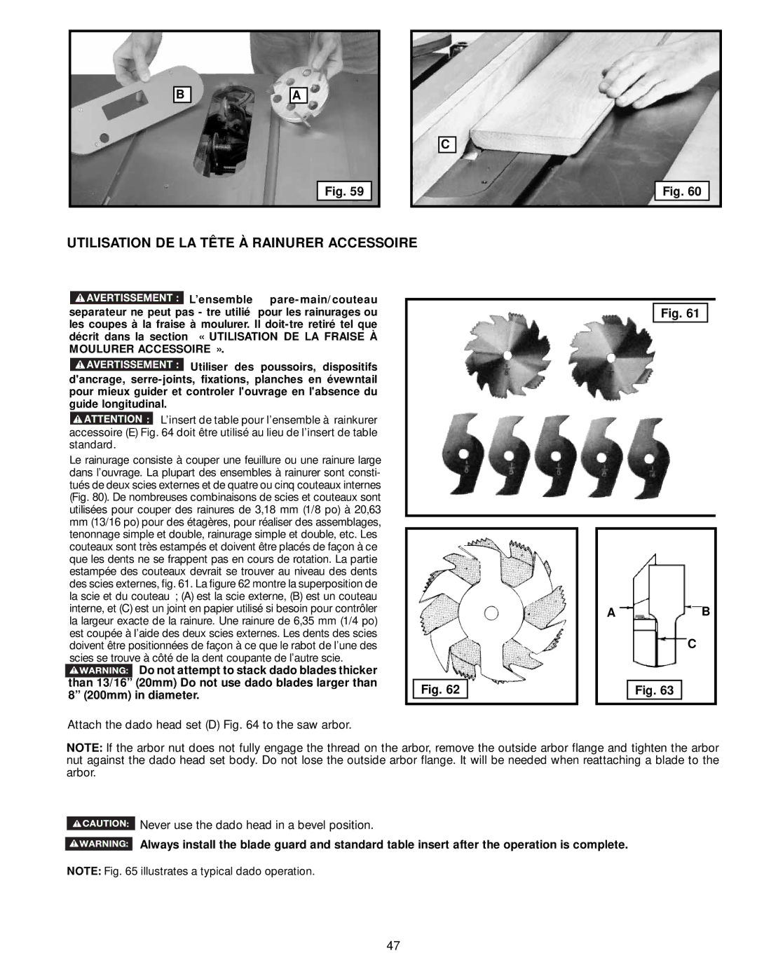 DeWalt 36-714 instruction manual Utilisation DE LA Tête À Rainurer Accessoire 