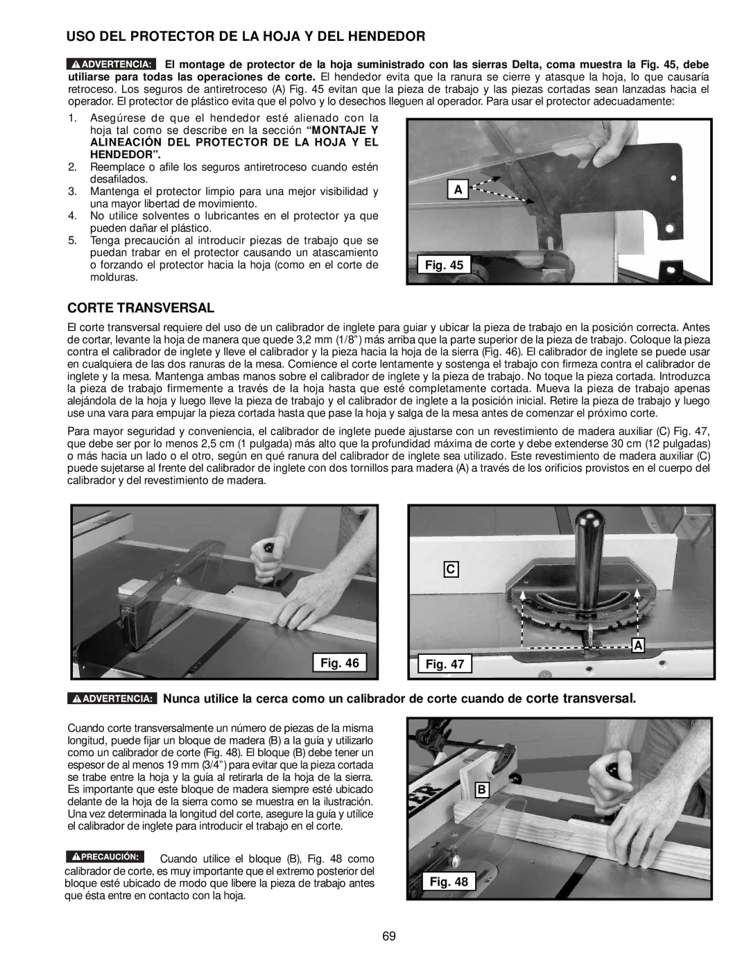 DeWalt 36-714 instruction manual USO DEL Protector DE LA Hoja Y DEL Hendedor, Corte Transversal 