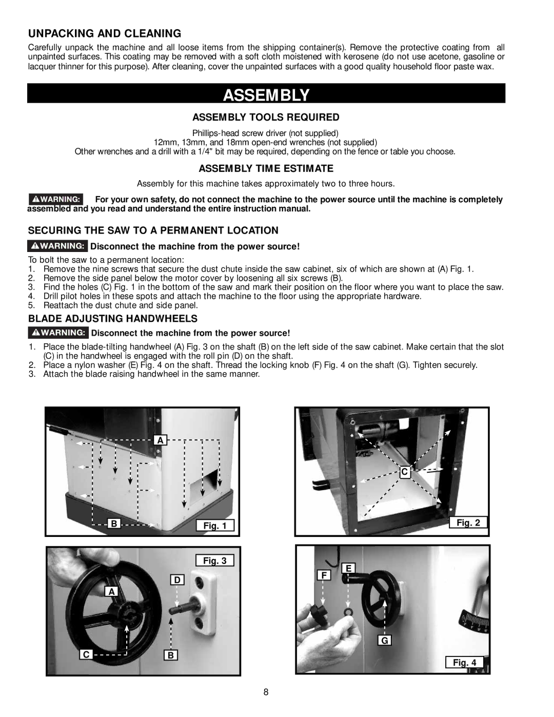 DeWalt 36-714 instruction manual Assembly, Unpacking and Cleaning 