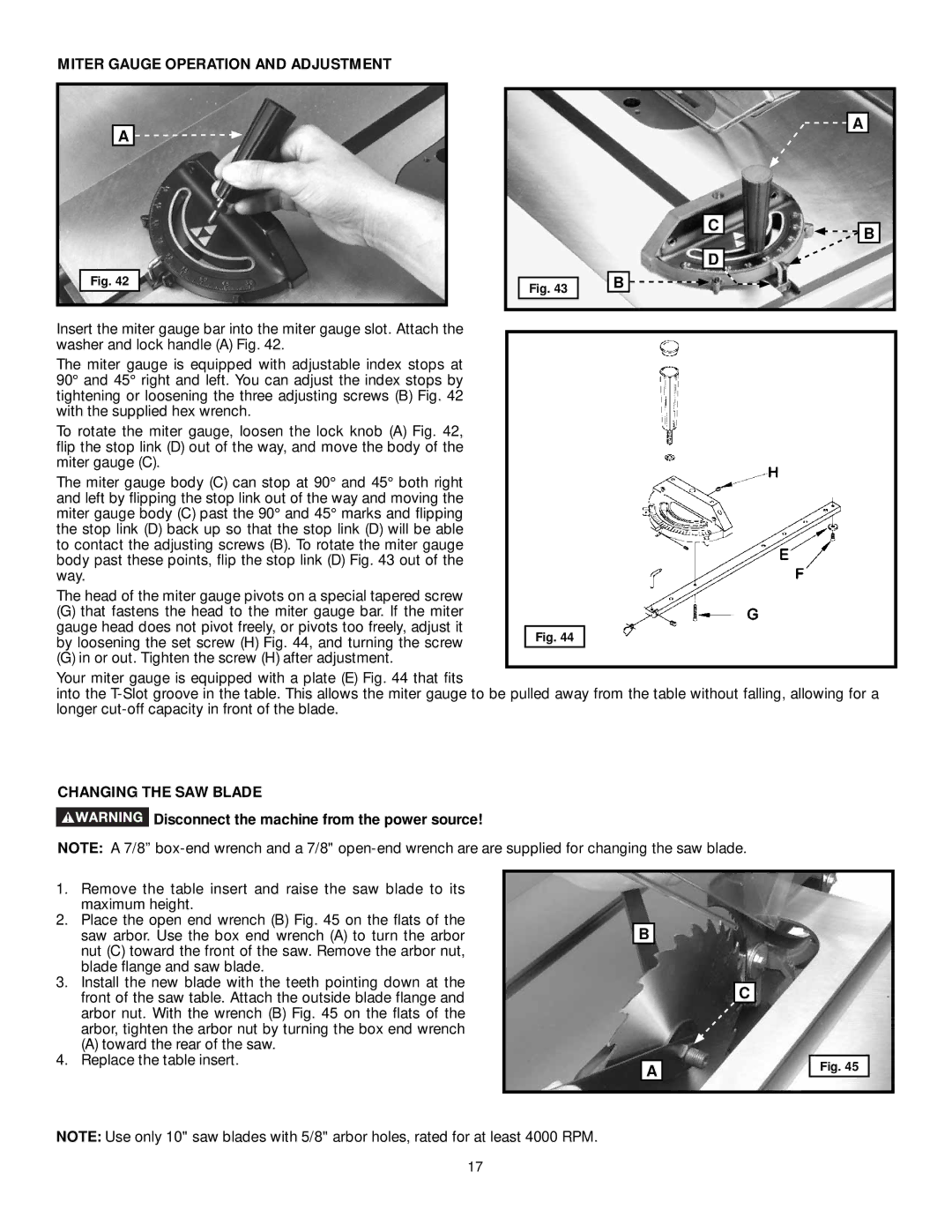 DeWalt 36-L31X, 36-L53L, 36-L51X, 36-L51L Miter Gauge Operation and Adjustment, Changing the SAW Blade 