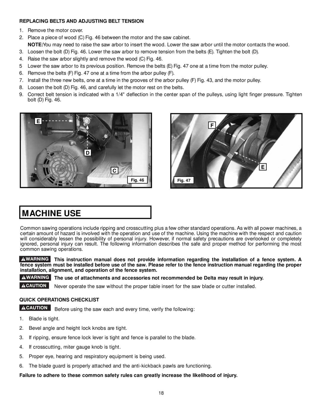 DeWalt 36-L31X, 36-L53L, 36-L51X, 36-L51L Replacing Belts and Adjusting Belt Tension, Quick Operations Checklist 