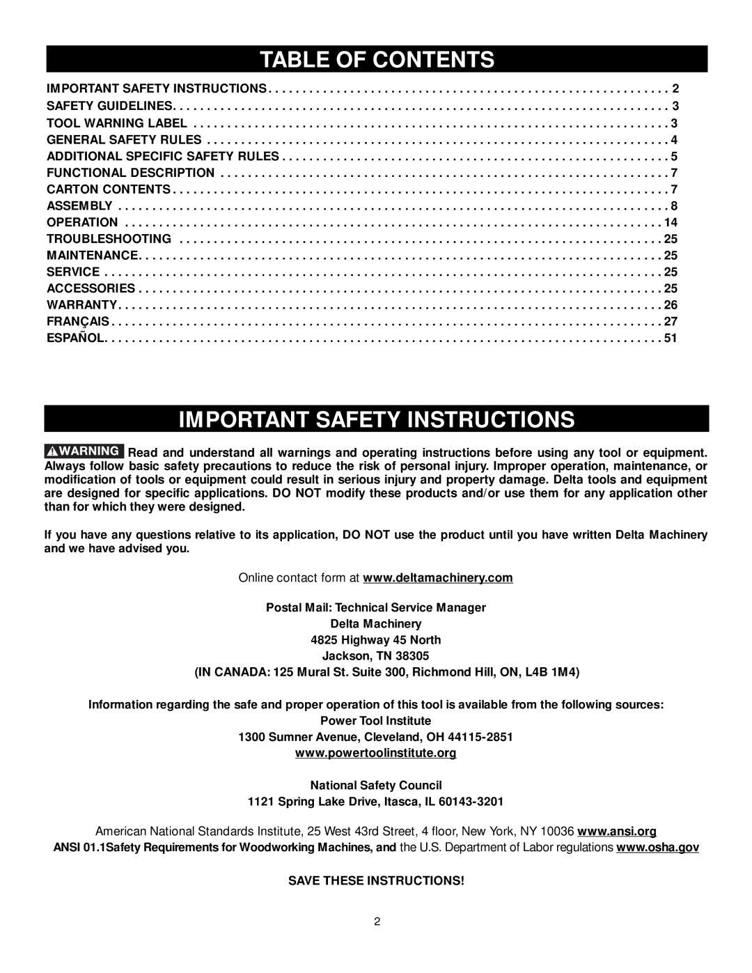 DeWalt 36-L53L, 36-L31X, 36-L51X, 36-L51L instruction manual Table of Contents, Important Safety Instructions 