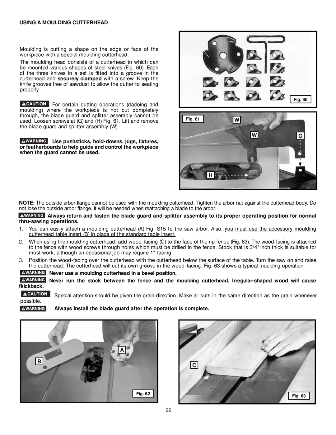 DeWalt 36-L51L, 36-L31X, 36-L53L, 36-L51X instruction manual Using a Moulding Cutterhead 