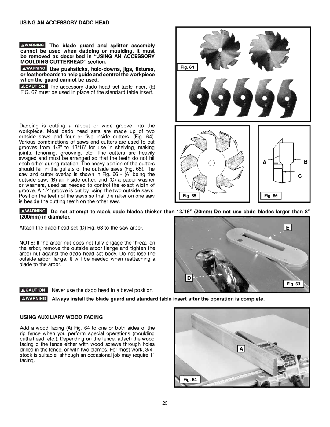 DeWalt 36-L31X, 36-L53L, 36-L51X, 36-L51L instruction manual Using AN Accessory Dado Head, Using Auxiliary Wood Facing 