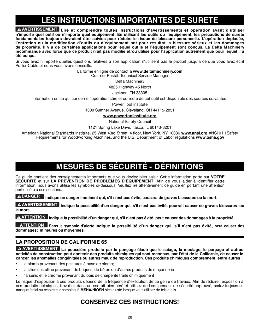 DeWalt 36-L51L LES Instructions Importantes DE Surete, Mesures DE Sécurité Définitions, LA Proposition DE Californie 