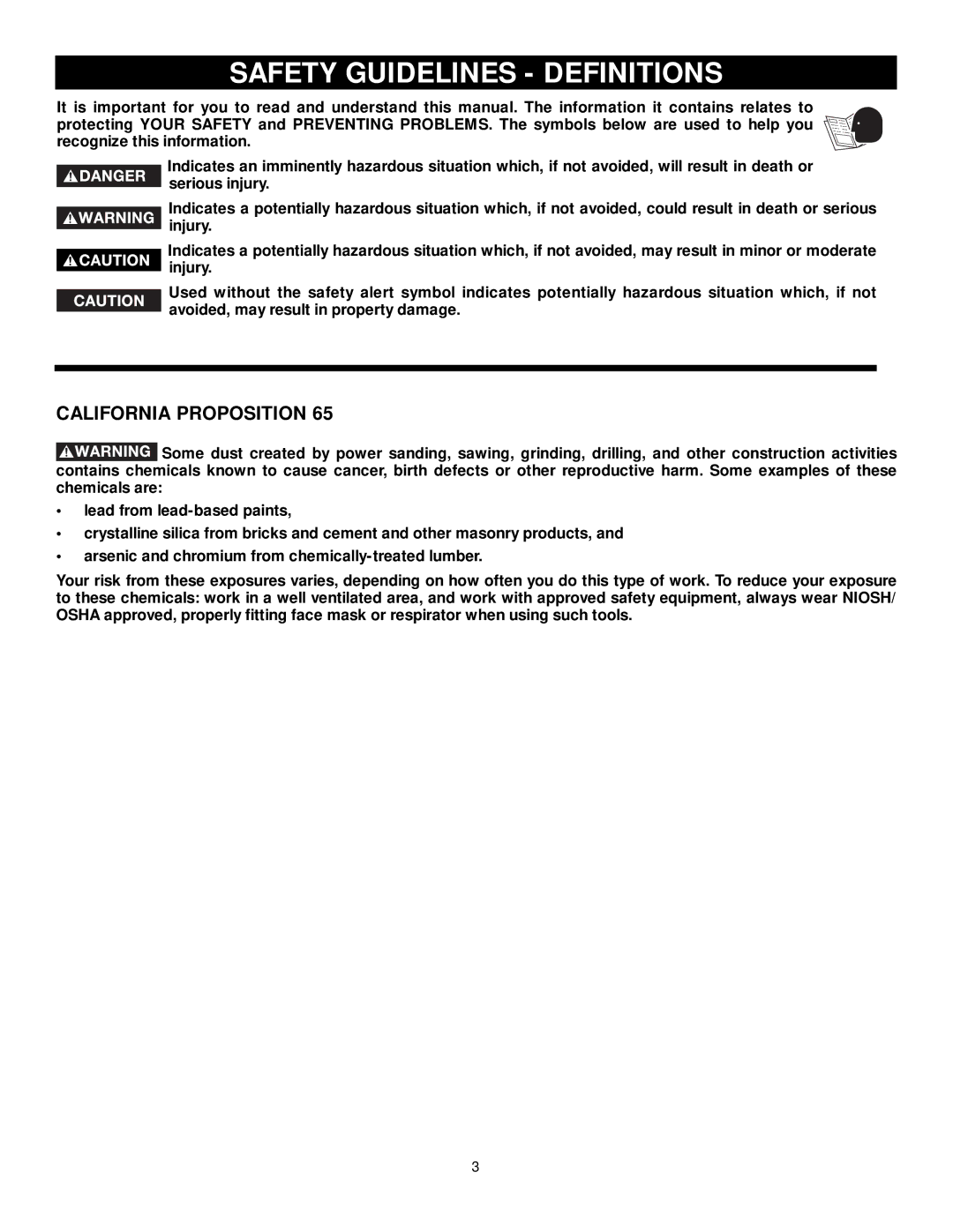 DeWalt 36-L51X, 36-L31X, 36-L53L, 36-L51L instruction manual Safety Guidelines Definitions, California Proposition 