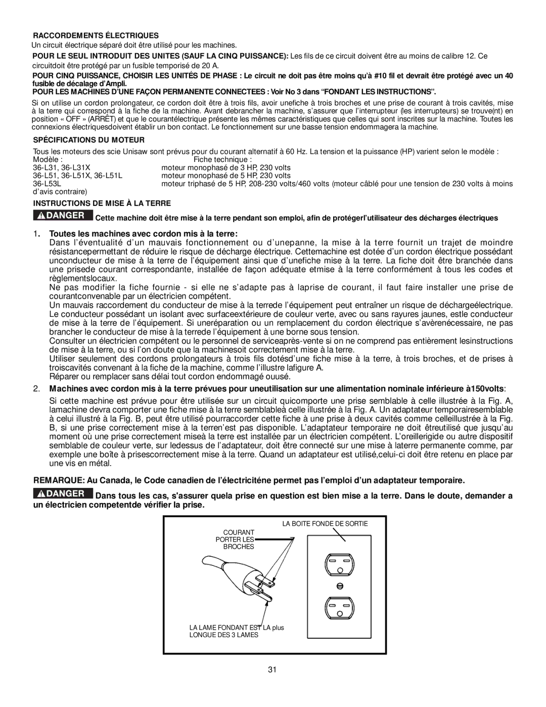 DeWalt 36-L31X, 36-L51, 36-L53L Raccordements Électriques, Spécifications DU Moteur, Instructions DE Mise À LA Terre 