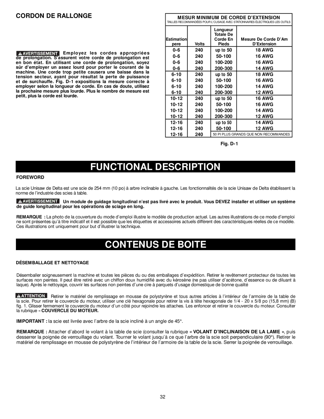 DeWalt 36-L53L, 36-L31X, 36-L51X, 36-L51L Contenus DE Boite, Cordon DE Rallonge, Désemballage ET Nettoyage 