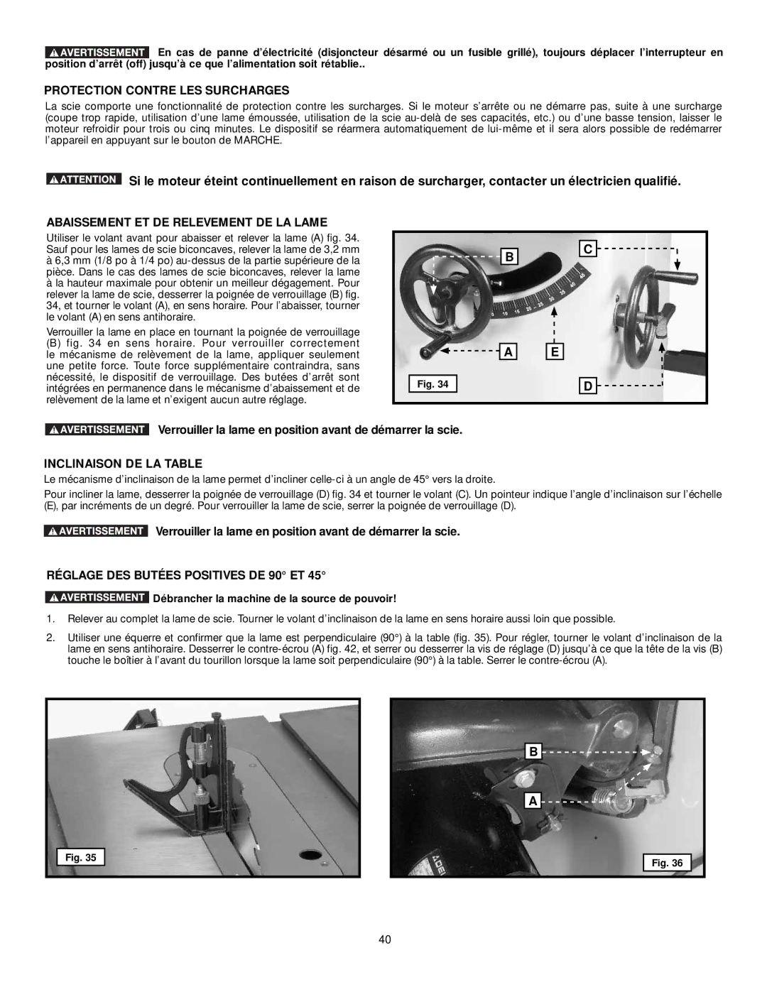 DeWalt 36-L51L, 36-L31X Protection Contre LES Surcharges, Abaissement ET DE Relevement DE LA Lame, Inclinaison DE LA Table 