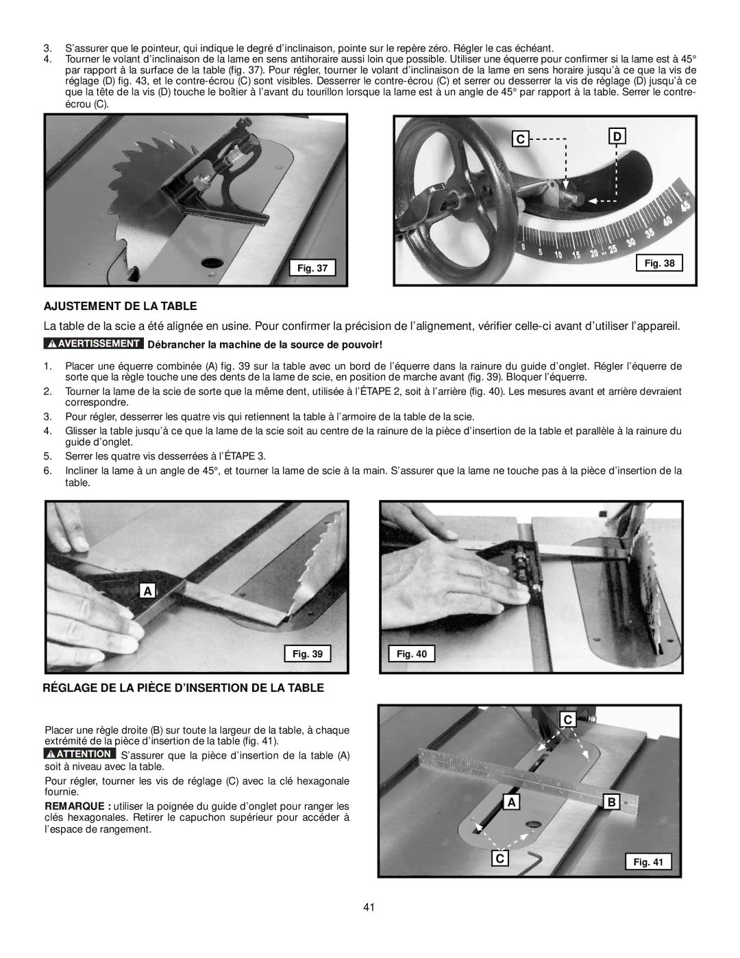 DeWalt 36-L31X, 36-L53L, 36-L51X, 36-L51L Ajustement DE LA Table, Réglage DE LA Pièce D’INSERTION DE LA Table 