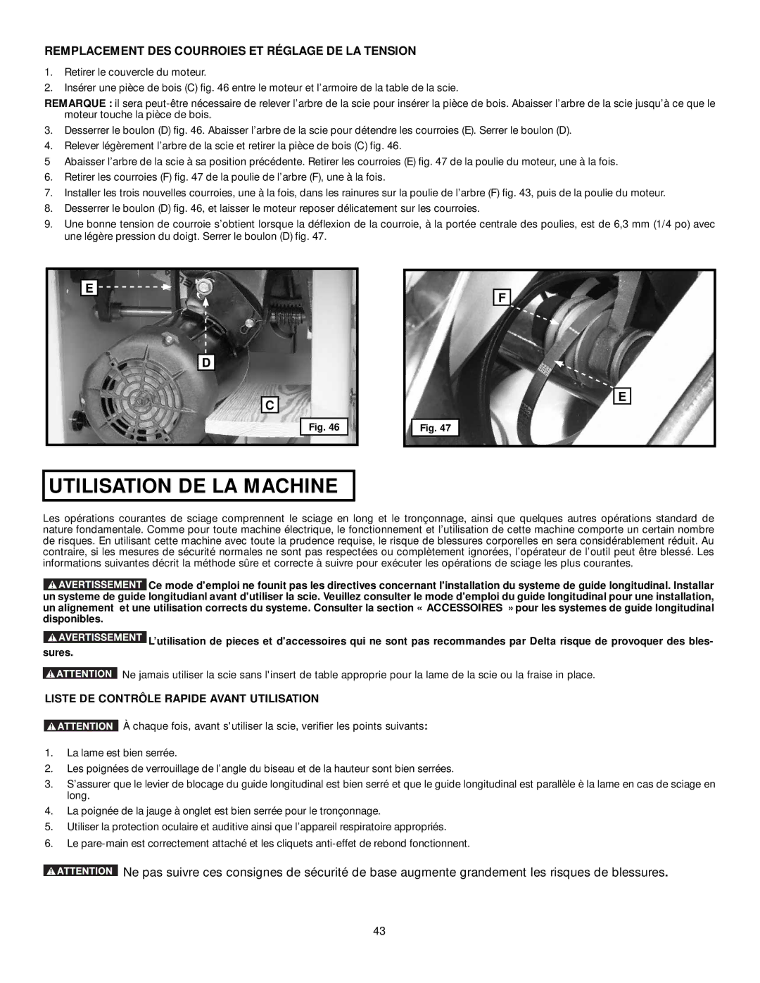 DeWalt 36-L31X, 36-L53L, 36-L51X, 36-L51L Utilisation DE LA Machine, Remplacement DES Courroies ET Réglage DE LA Tension 