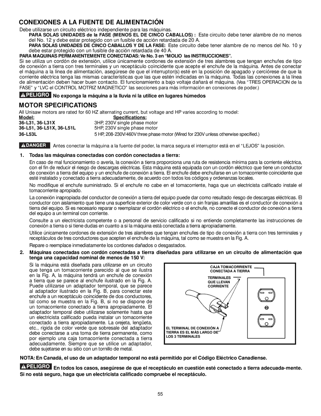 DeWalt 36-L31X, 36-L53L, 36-L51X, 36-L51L instruction manual Conexiones a LA Fuente DE Alimentación, Motor Specifications 