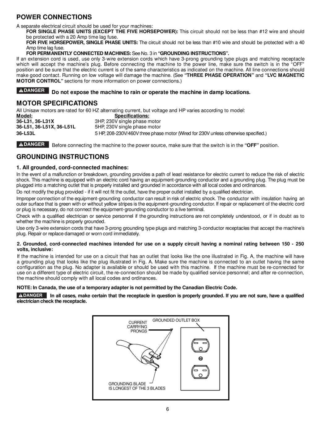 DeWalt 36-L31X, 36-L53L, 36-L51X, 36-L51L Power Connections, Motor Specifications, Grounding Instructions 