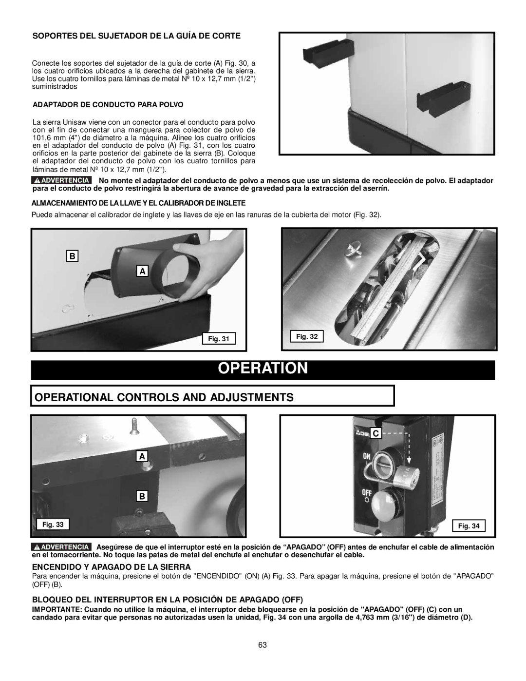 DeWalt 36-L51X, 36-L31X, 36-L53L, 36-L51L Soportes DEL Sujetador DE LA Guía DE Corte, Encendido Y Apagado DE LA Sierra 