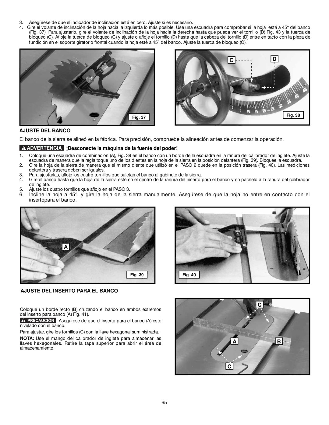 DeWalt 36-L31X, 36-L53L, 36-L51X, 36-L51L instruction manual Ajuste DEL Banco, Ajuste DEL Inserto Para EL Banco 