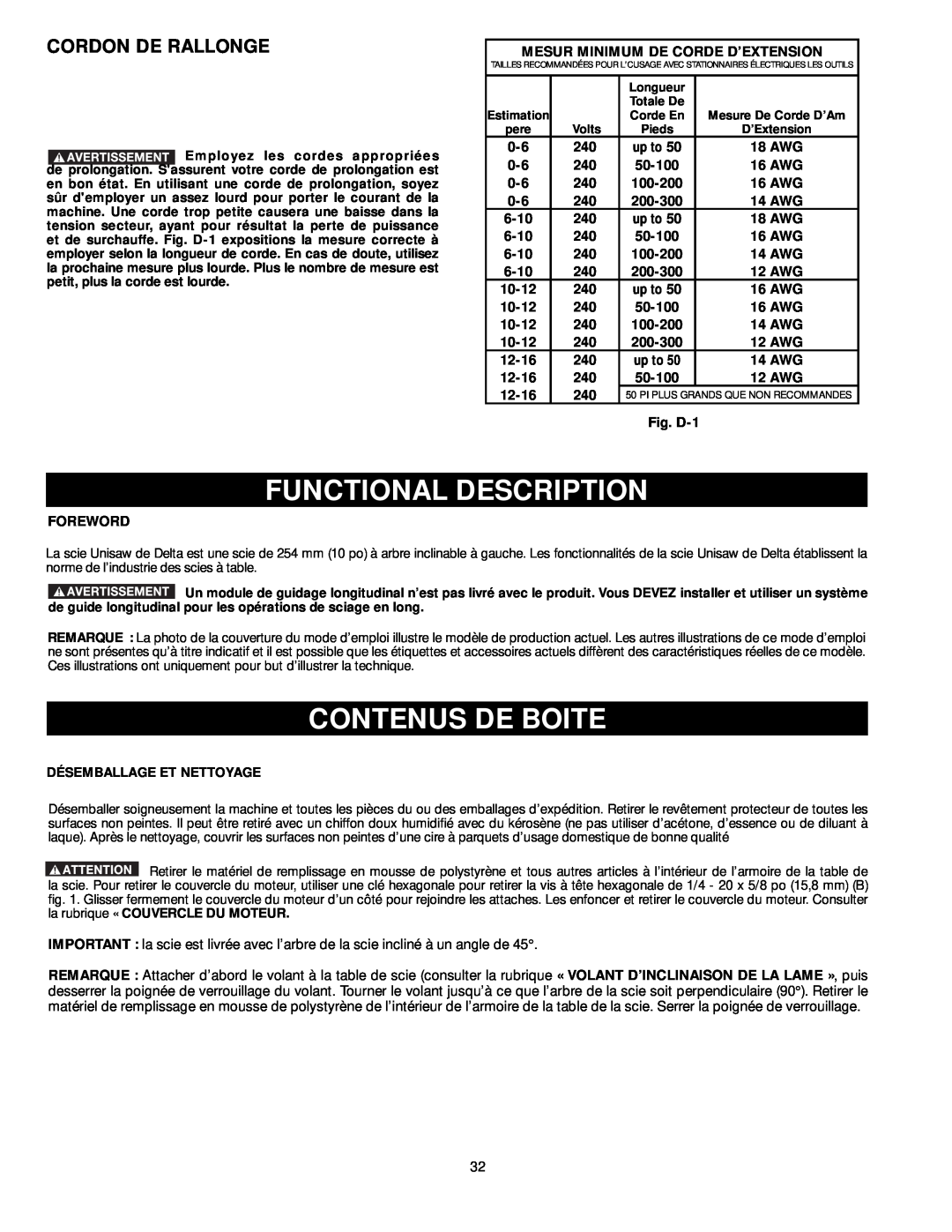 DeWalt 36-L53L, 36-L51 Contenus De Boite, Cordon De Rallonge, Functional Description, Pi Plus Grands Que Non Recommandes 