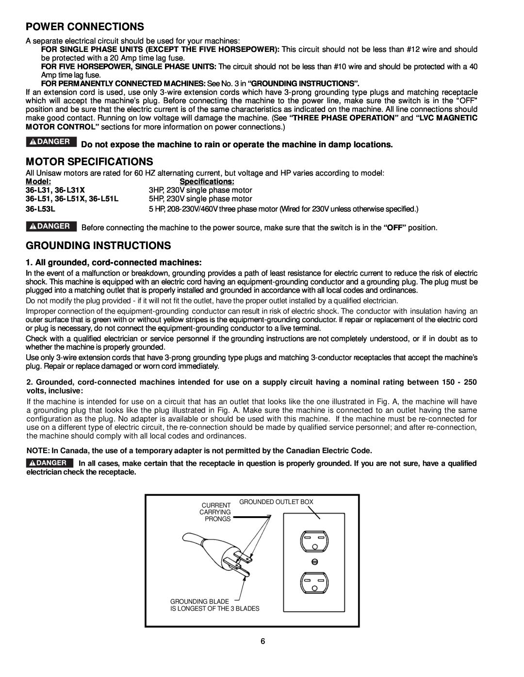 DeWalt 36-L51 Power Connections, Motor Specifications, Grounding Instructions, All grounded, cord-connected machines 