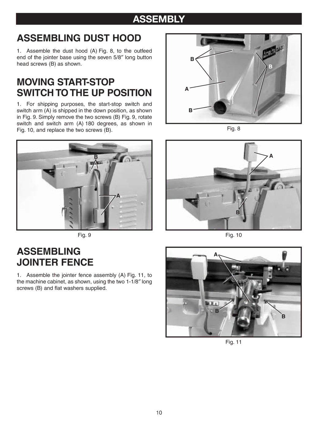 DeWalt 37-360 instruction manual Assembly, Assembling Dust Hood, Assembling Jointer Fence 