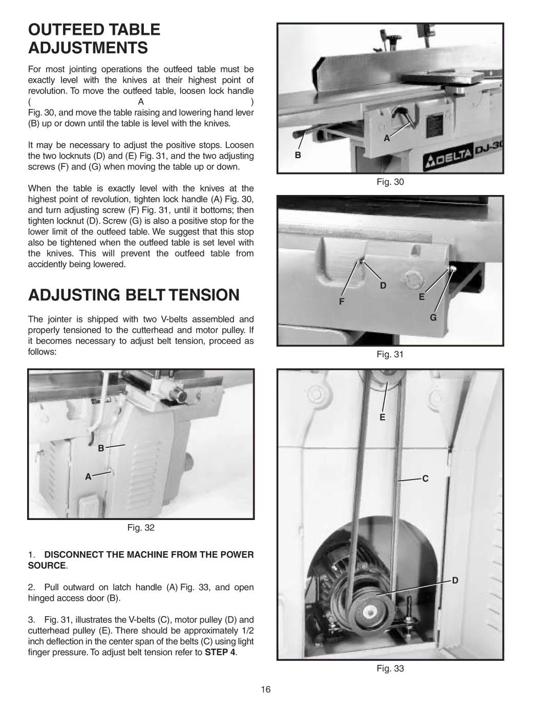 DeWalt 37-360 instruction manual Outfeed Table Adjustments, Adjusting Belt Tension 