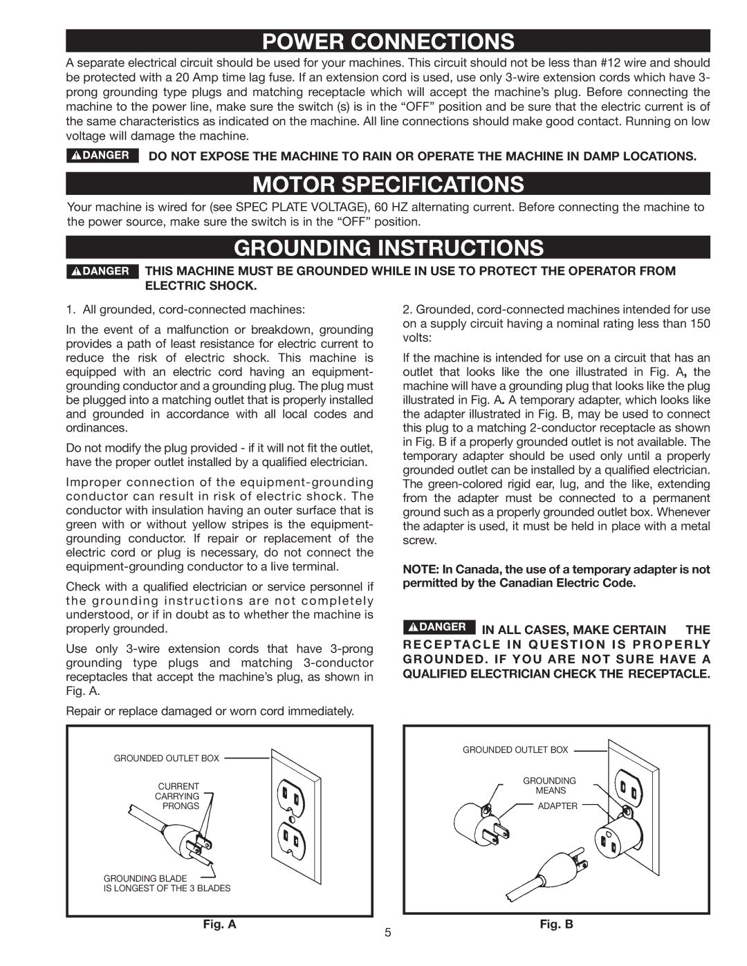 DeWalt 37-360 instruction manual Power Connections, Motor Specifications, Grounding Instructions 