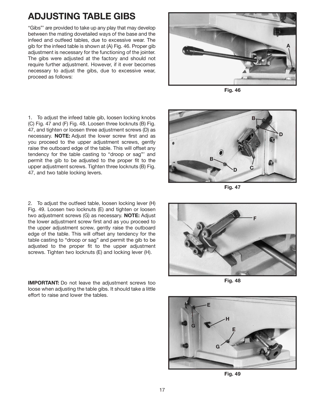 DeWalt 37-380 instruction manual Adjusting Table Gibs 